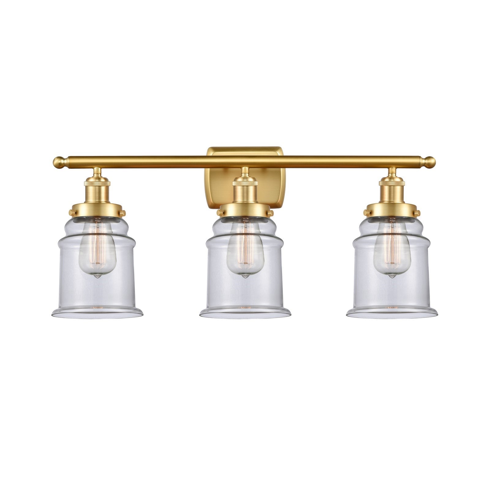 Innovations Canton 26in 3-Light Bath Vanity Light | Modern Contempo Satin Gold Steel and Clear Glass Schoolhouse Shade | Bathroom | Model 916-3W-SG-G182