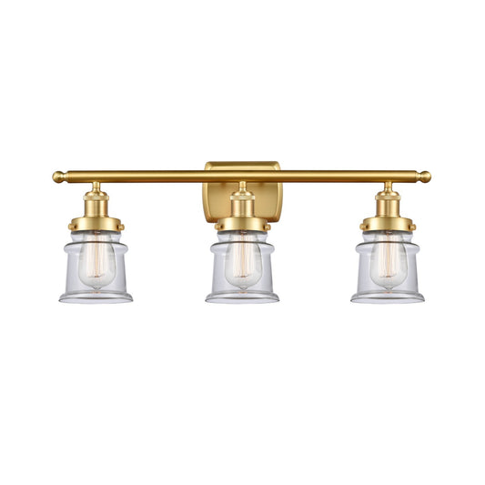 Innovations Canton 25.25in 3-Light Bath Vanity Light | Modern Contempo Satin Gold Steel and Clear Glass Schoolhouse Shade | Model 916-3W-SG-G182S