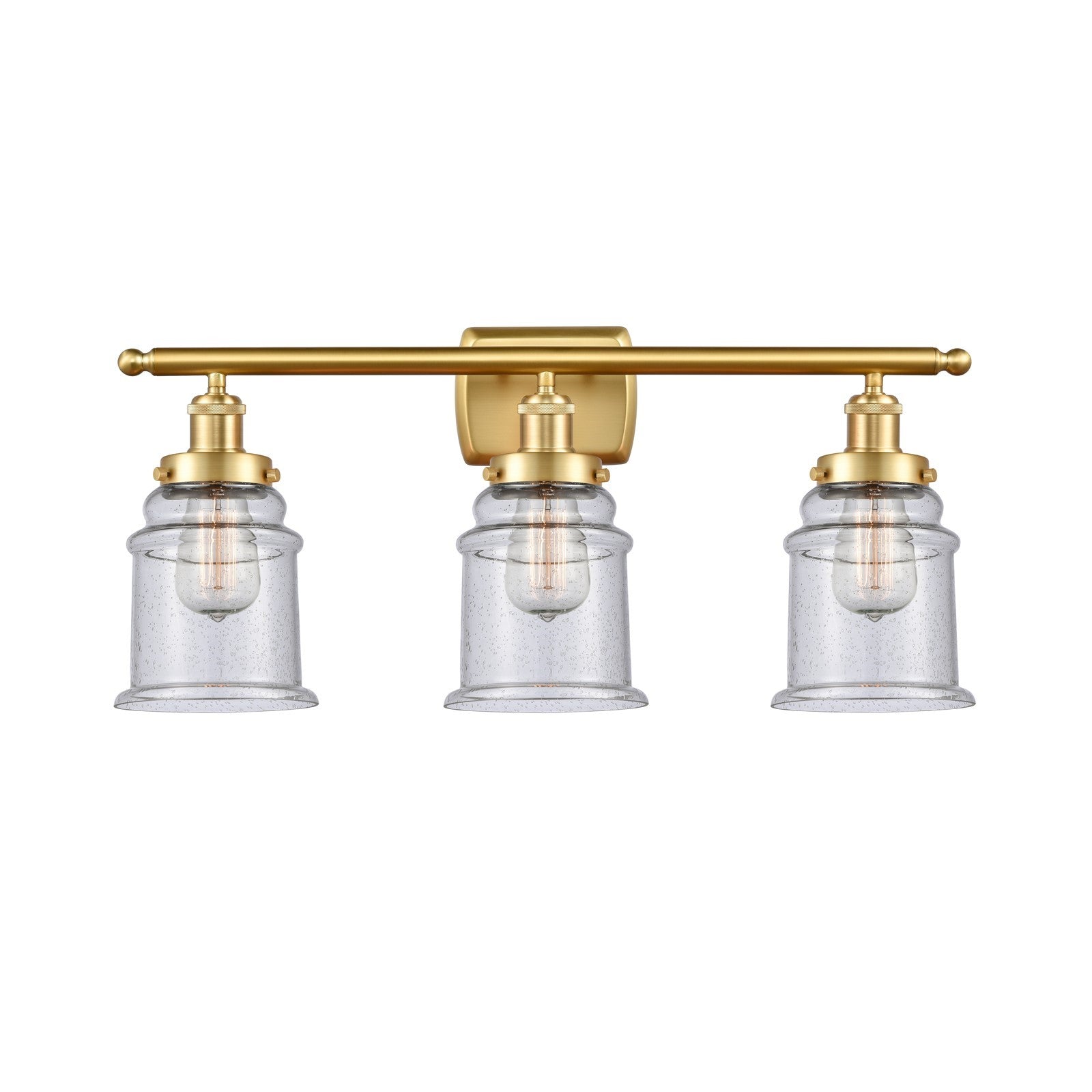 Innovations Canton 26in 3-Light Bath Vanity Light | Modern Contempo Satin Gold Steel and Seedy Glass Schoolhouse Shade | Bathroom | Model 916-3W-SG-G184