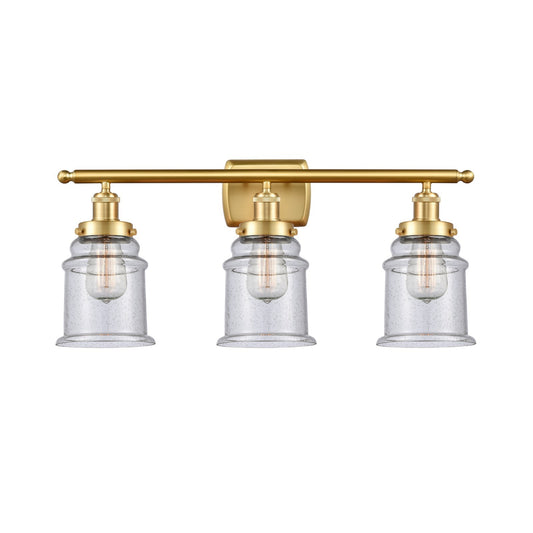 Innovations Canton 26in 3-Light Bath Vanity Light | Modern Contempo Satin Gold Steel and Seedy Glass Schoolhouse Shade | Bathroom | Model 916-3W-SG-G184
