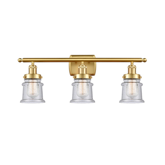 Innovations Canton 25.25in 3-Light Bath Vanity Light | Modern Contempo Satin Gold Steel and Seedy Glass Schoolhouse Shade | Model 916-3W-SG-G184S