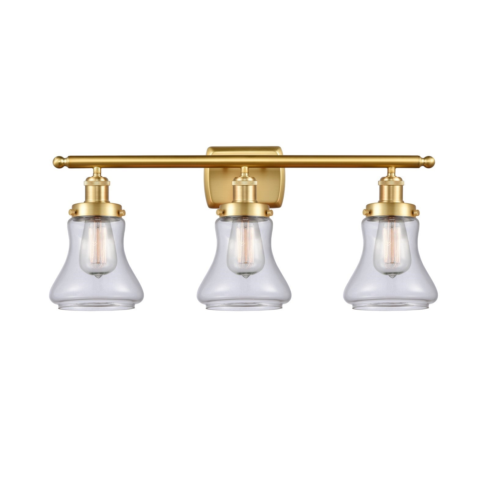 Innovations Bellmont 26in 3-Light Bath Vanity Light | Modern Transitional Satin Gold Steel and Clear Glass Schoolhouse Shade | Model 916-3W-SG-G192