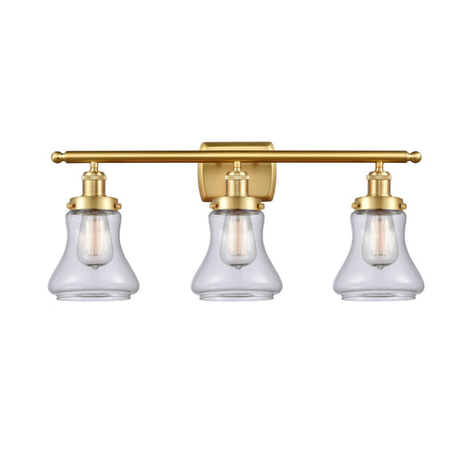 Innovations Bellmont 26in 3-Light Bath Vanity Light | Modern Transitional Satin Gold Steel and Clear Glass Schoolhouse Shade | Model 916-3W-SG-G192
