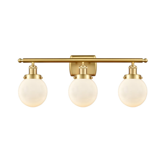 Innovations Beacon 26in 3-Light Bath Vanity Light | Modern Transitional Satin Gold Steel and Matte White Frosted Glass Globe | Model 916-3W-SG-G201-6