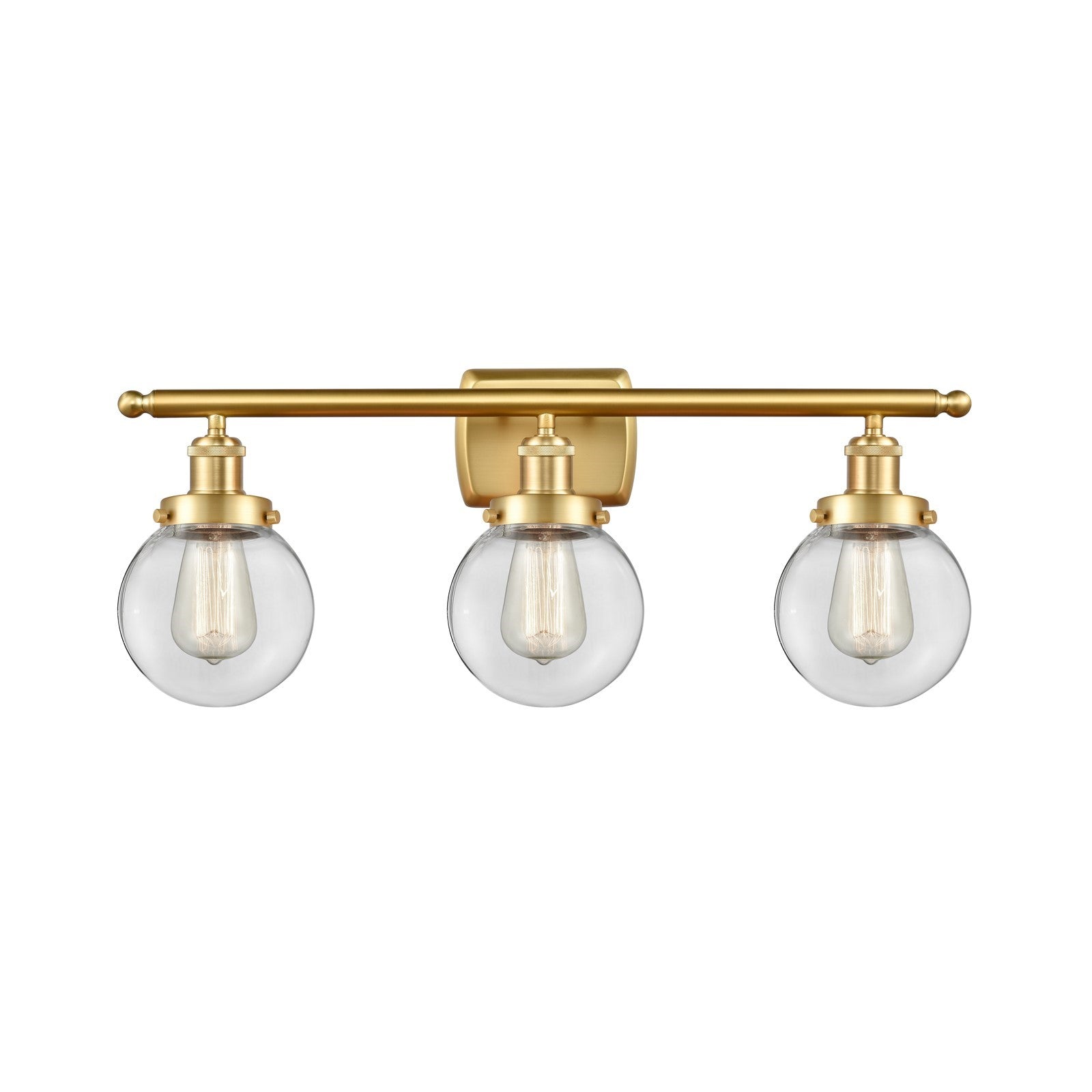 Innovations Beacon 26in 3-Light Bath Vanity Light | Modern Transitional Satin Gold Steel and Clear Glass Globe Shade | Bathroom | Model 916-3W-SG-G202-6