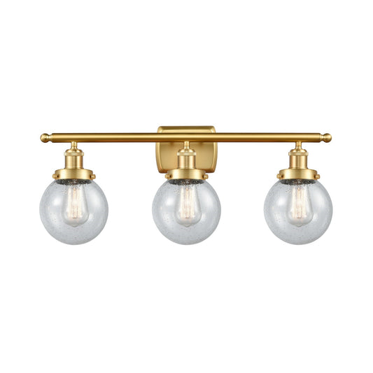 Innovations Beacon 26in 3-Light Bath Vanity Light | Modern Transitional Satin Gold Steel and Seedy Glass Globe Shade | Bathroom | Model 916-3W-SG-G204-6