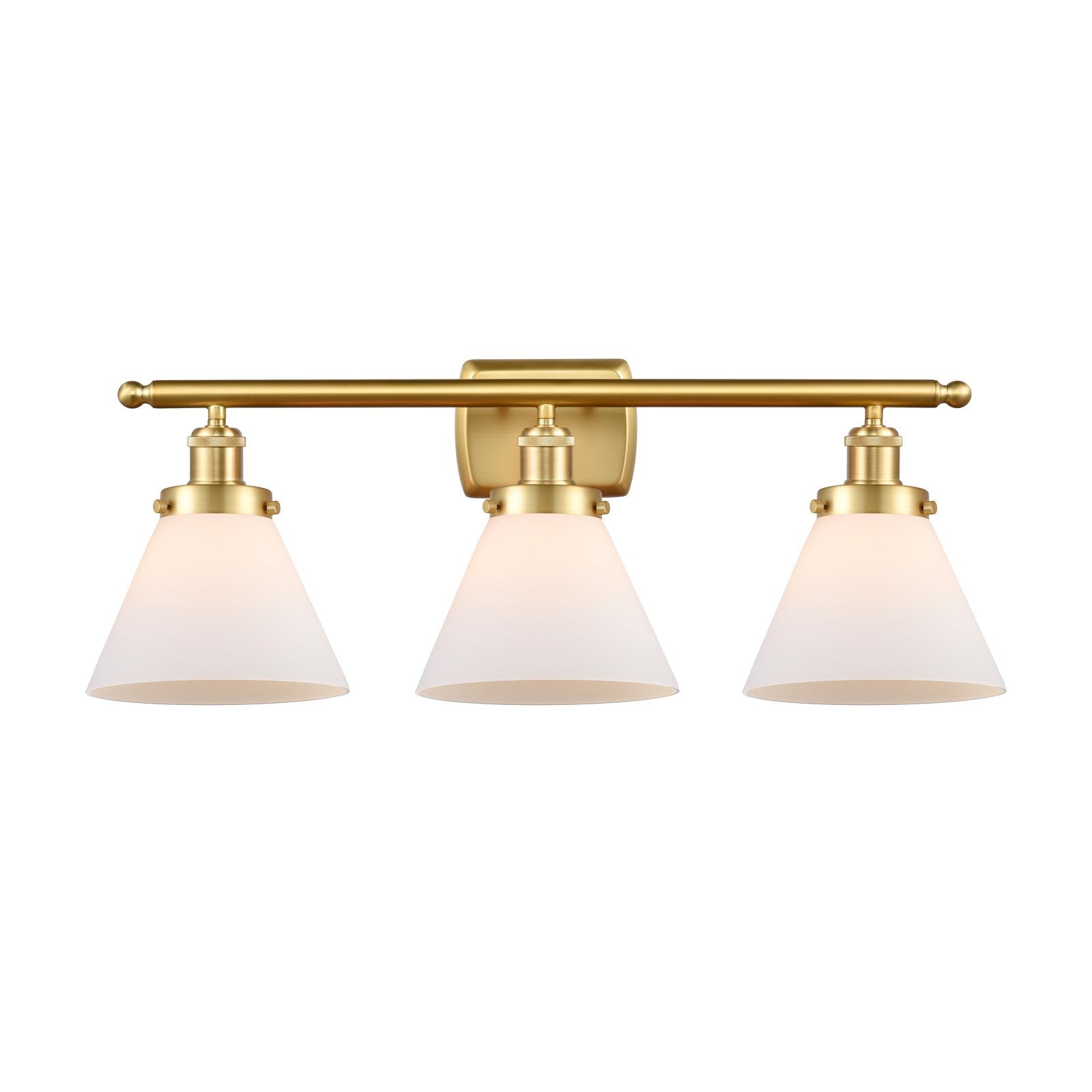 Innovations Cone 28in 3-Light Bath Vanity Light | Industrial Satin Gold Steel and Matte White Frosted Glass | Bathroom Vanity & | Model 916-3W-SG-G41
