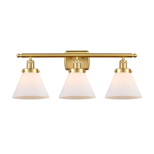 Innovations Cone 28in 3-Light Bath Vanity Light | Industrial Satin Gold Steel and Matte White Frosted Glass | Bathroom Vanity & | Model 916-3W-SG-G41