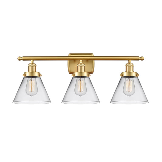 Innovations Cone 28in 3-Light Bath Vanity Light | Industrial Satin Gold Steel and Clear Glass | Bathroom Vanity & Powder Room | Model 916-3W-SG-G42