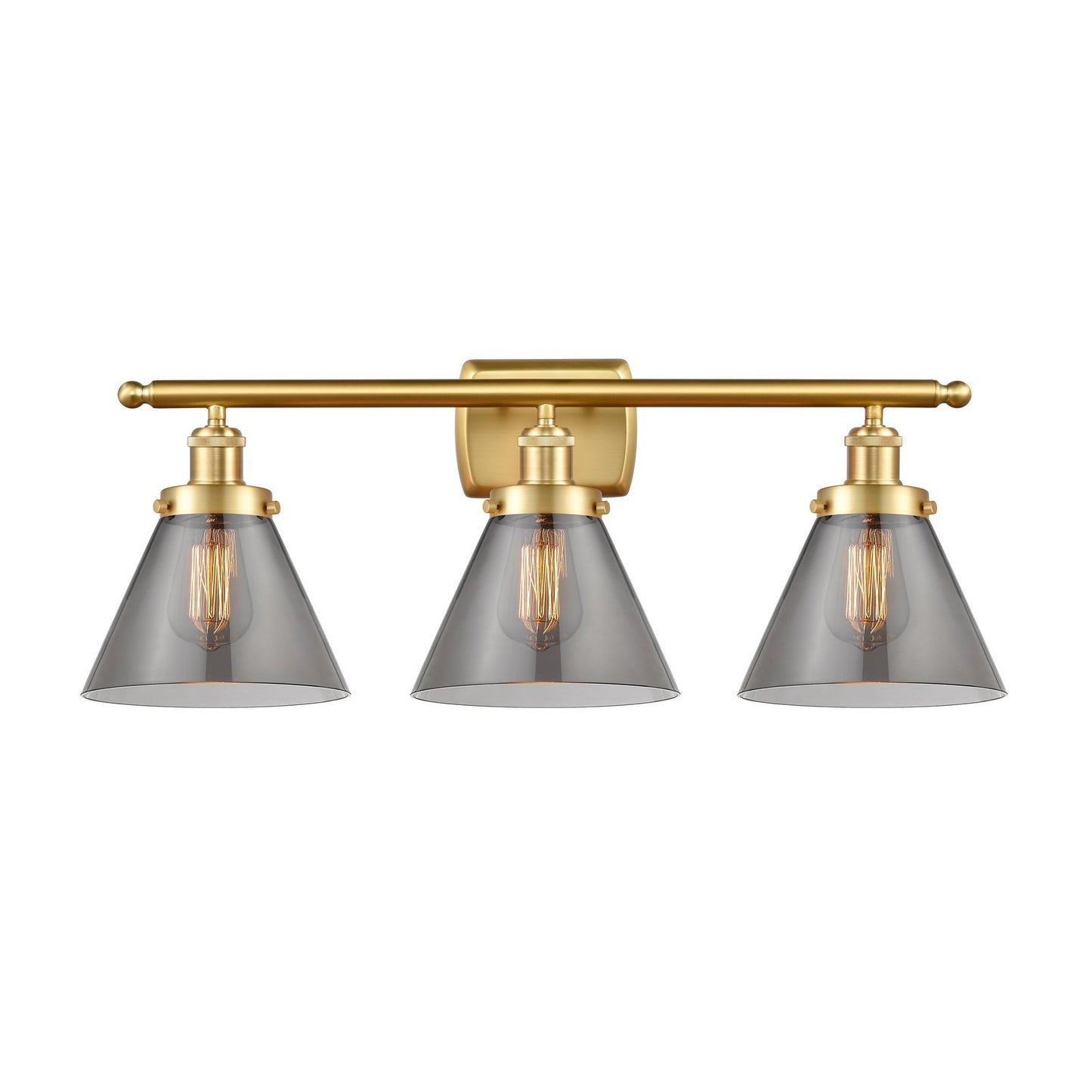 Innovations Cone 28in 3-Light Bath Vanity Light | Industrial Satin Gold Steel and Light Smoke Glass | Bathroom Vanity & Powder Room | Model 916-3W-SG-G43