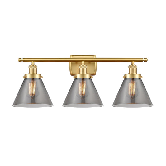 Innovations Cone 28in 3-Light Bath Vanity Light | Industrial Satin Gold Steel and Light Smoke Glass | Bathroom Vanity & Powder Room | Model 916-3W-SG-G43