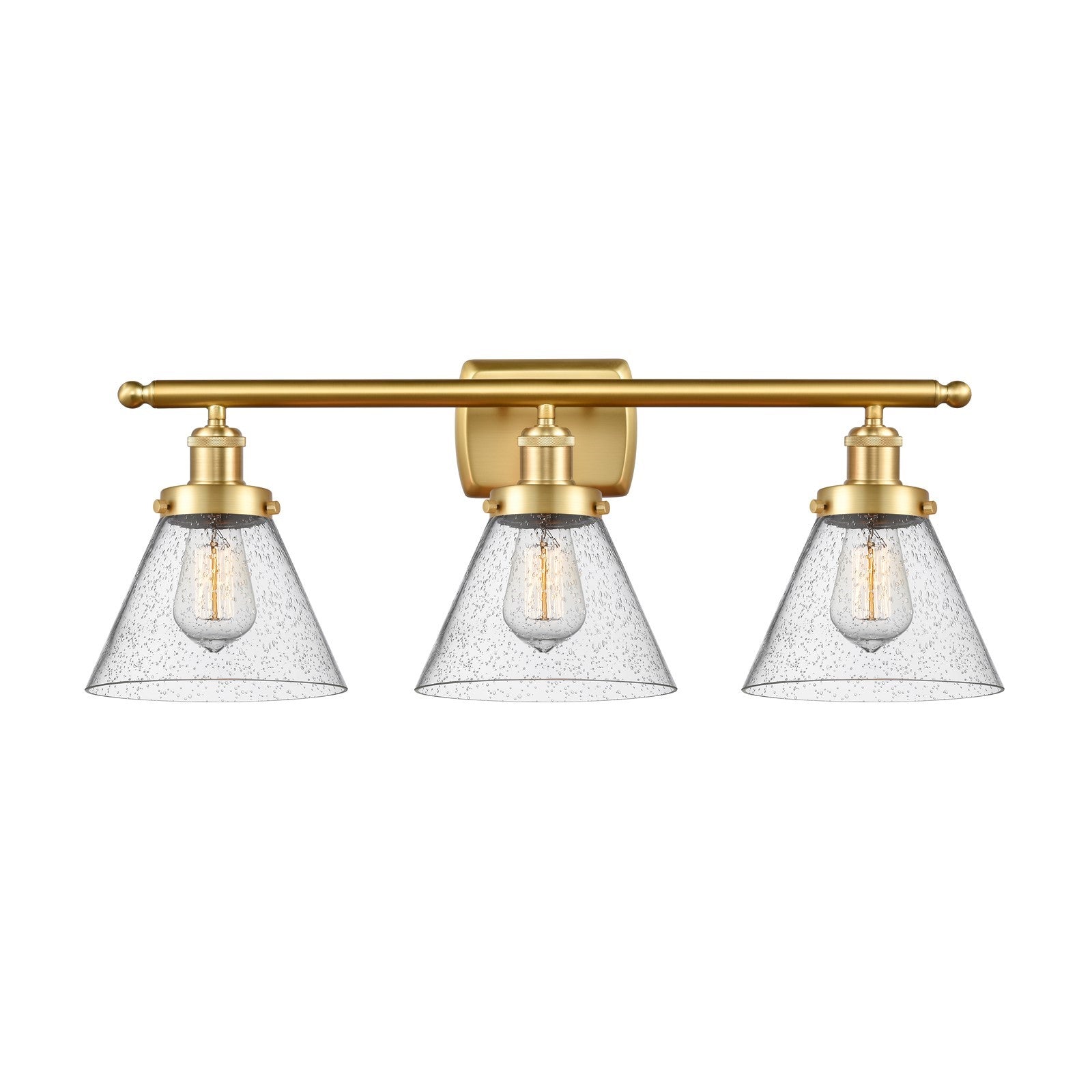Innovations Cone 28in 3-Light Bath Vanity Light | Industrial Satin Gold Steel and Seedy Glass | Bathroom Vanity & Powder Room | Model 916-3W-SG-G44