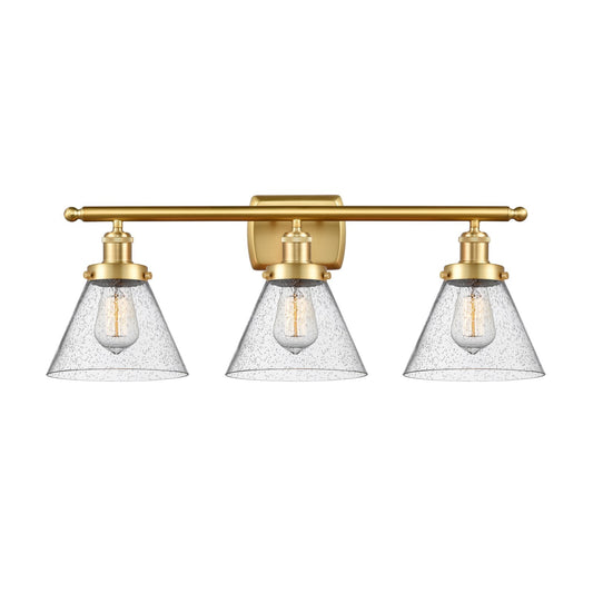 Innovations Cone 28in 3-Light Bath Vanity Light | Industrial Satin Gold Steel and Seedy Glass | Bathroom Vanity & Powder Room | Model 916-3W-SG-G44