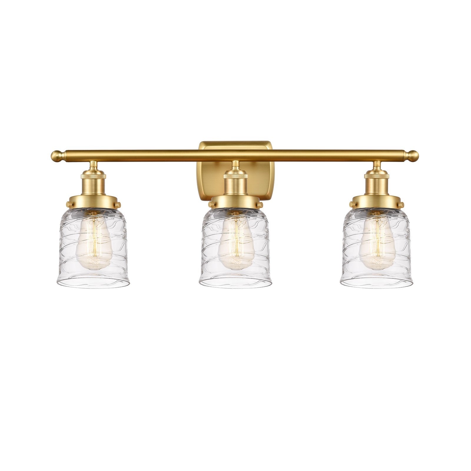 Innovations Bell 26in 3-Light Bath Vanity Light | Industrial Satin Gold Steel and Clear Deco Swirl Glass | Bathroom Vanity | Model 916-3W-SG-G513