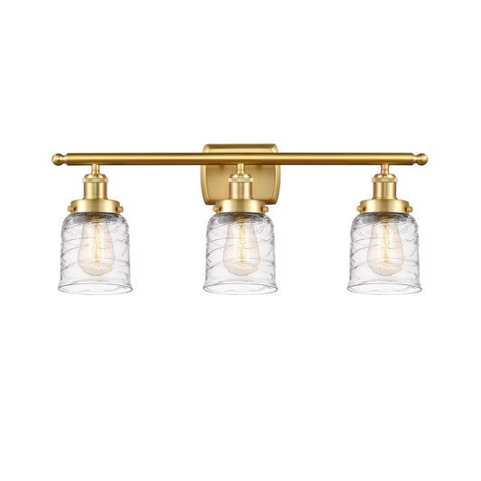 Innovations Bell 26in 3-Light Bath Vanity Light | Industrial Satin Gold Steel and Clear Deco Swirl Glass | Bathroom Vanity | Model 916-3W-SG-G513