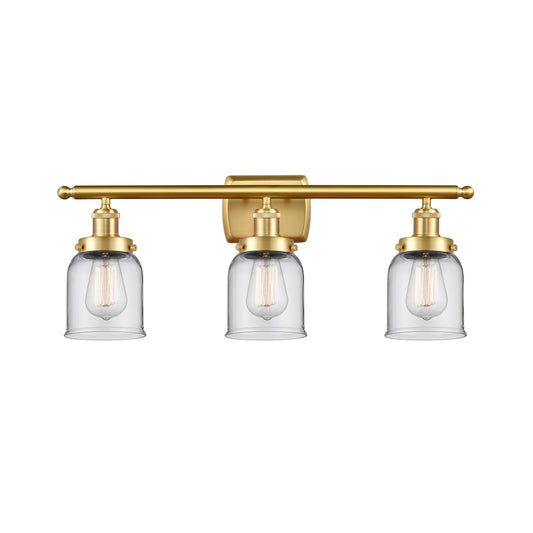 Innovations Bell 26in 3-Light Bath Vanity Light | Industrial Satin Gold Steel and Clear Glass | Bathroom Vanity | 26 x 12 x 6.5 in | Model 916-3W-SG-G52
