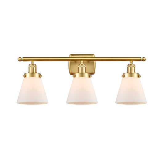 Innovations Cone 26in 3-Light Bath Vanity | Industrial Satin Gold Steel and Matte White Frosted Glass | Bathroom & Powder Room | Model 916-3W-SG-G61