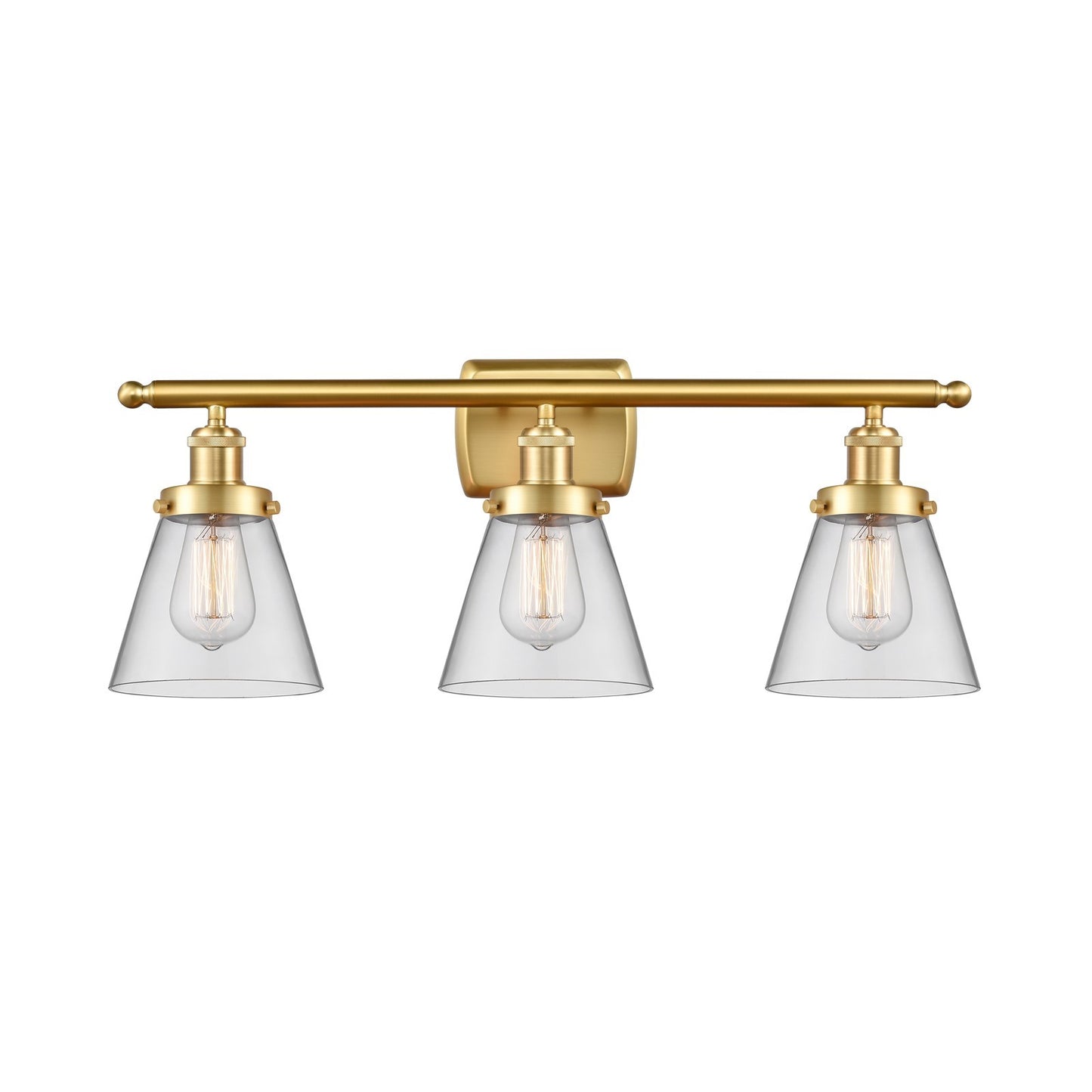 Innovations Cone 26in 3-Light Bath Vanity | Industrial Satin Gold Steel and Clear Glass | Bathroom & Powder Room | 26 x 11 x 7.5 in | Model 916-3W-SG-G62