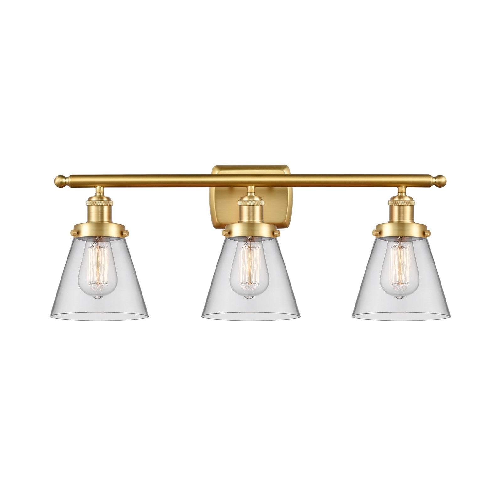 Innovations Cone 26in 3-Light Bath Vanity | Industrial Satin Gold Steel and Clear Glass | Bathroom & Powder Room | 26 x 11 x 7.5 in | Model 916-3W-SG-G62