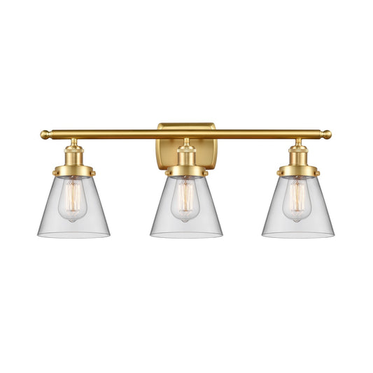 Innovations Cone 26in 3-Light Bath Vanity | Industrial Satin Gold Steel and Clear Glass | Bathroom & Powder Room | 26 x 11 x 7.5 in | Model 916-3W-SG-G62