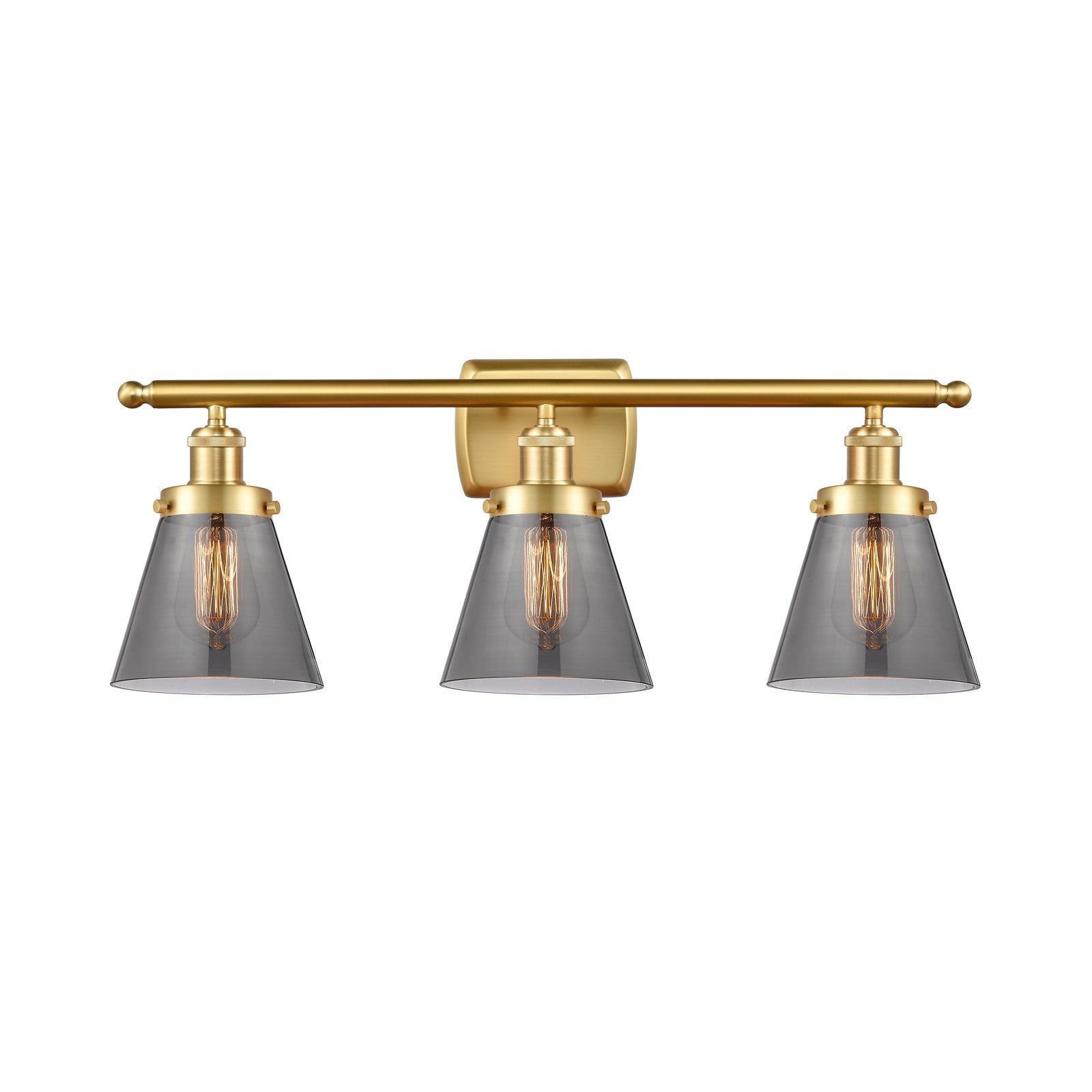 Innovations Cone 26in 3-Light Bath Vanity Light | Industrial Satin Gold Steel and Light Smoke Glass | Bathroom Vanity | Model 916-3W-SG-G63