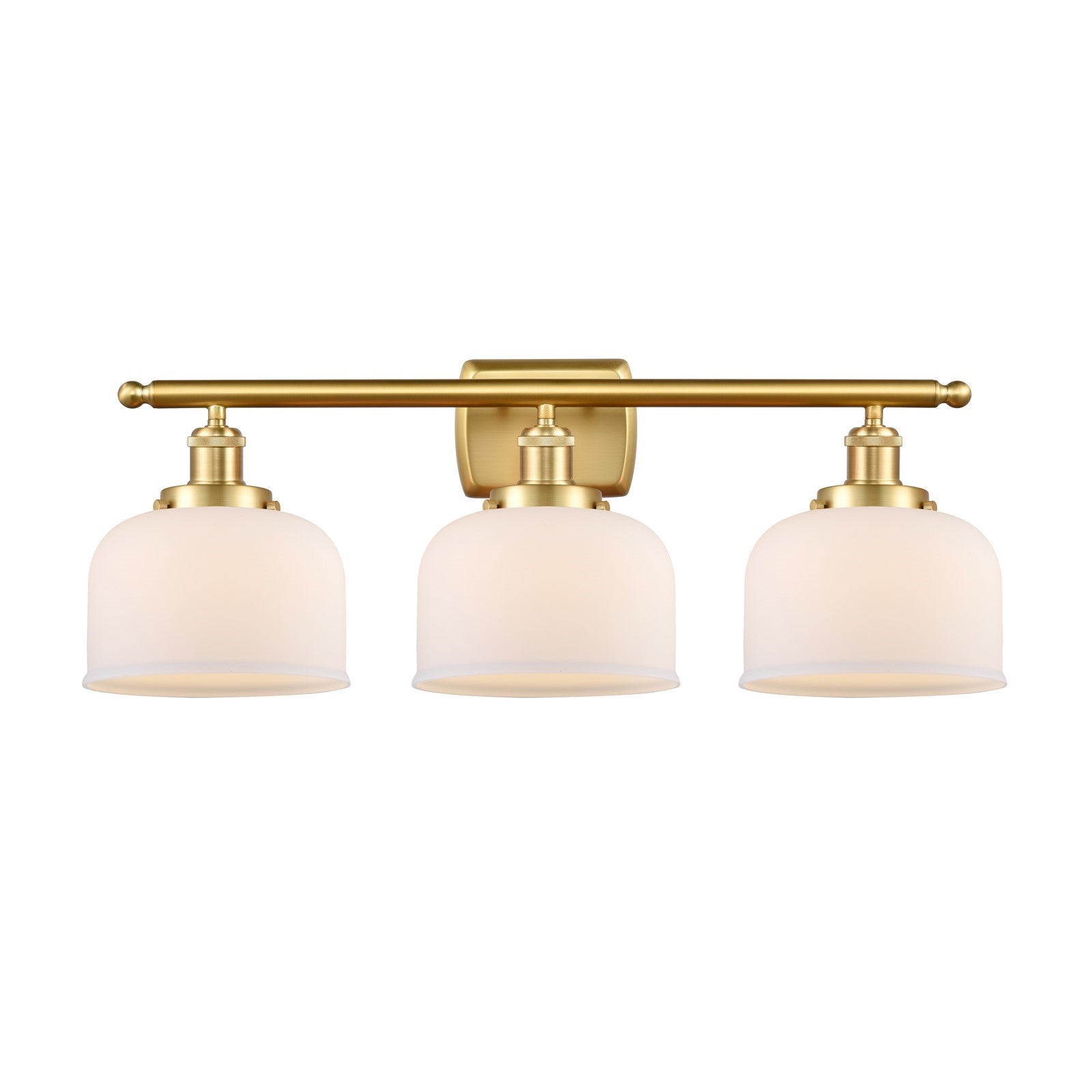 Innovations Bell 28in 3-Light Bath Vanity Light | Industrial Satin Gold Steel and Matte White Glass | Bathroom Vanity | Model 916-3W-SG-G71