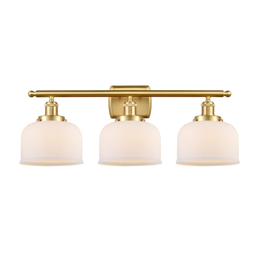 Innovations Bell 28in 3-Light Bath Vanity Light | Industrial Satin Gold Steel and Matte White Glass | Bathroom Vanity | Model 916-3W-SG-G71