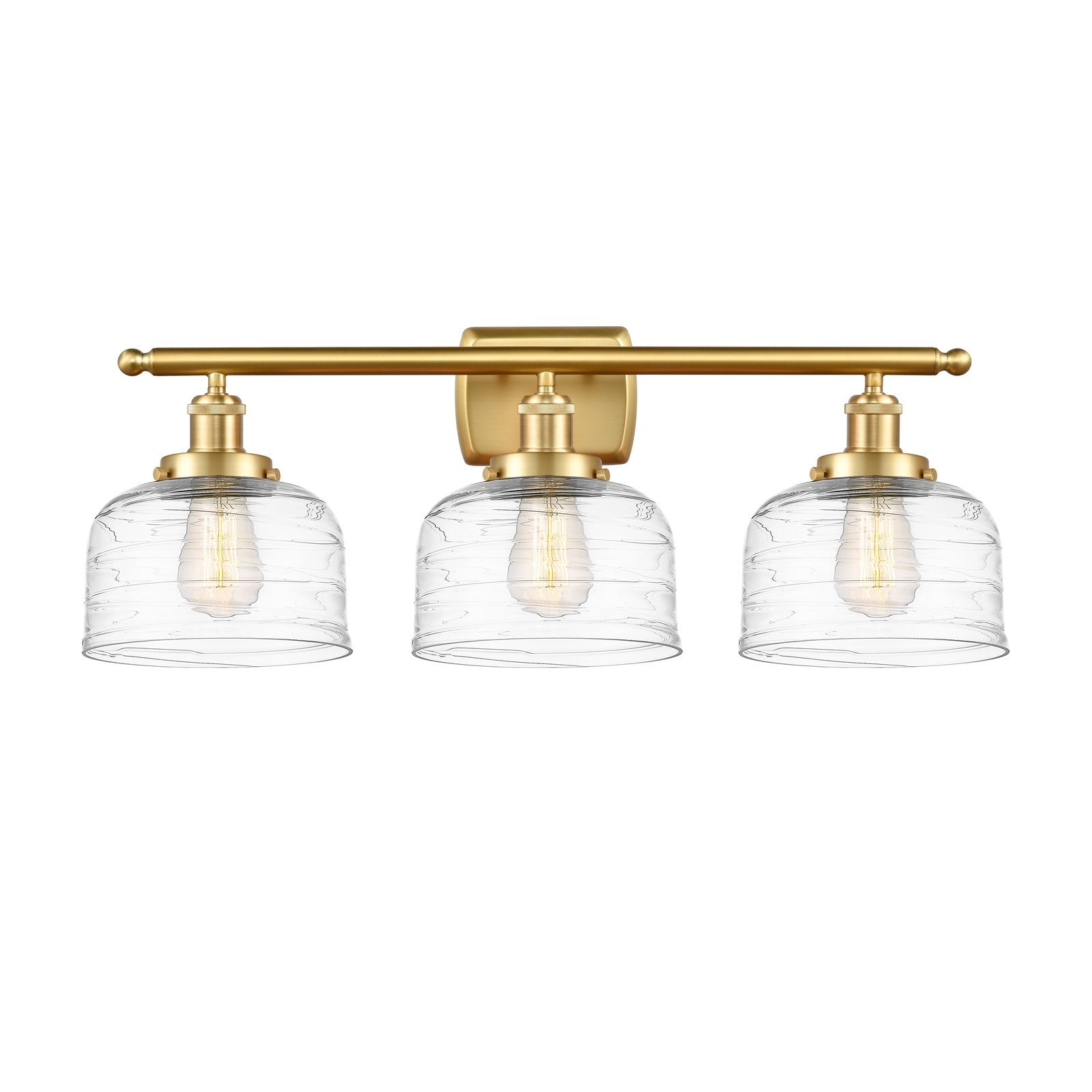 Innovations Bell 28in 3-Light Bath Vanity Light | Industrial Satin Gold Steel and Clear Deco Swirl Glass | Bathroom Vanity | Model 916-3W-SG-G713