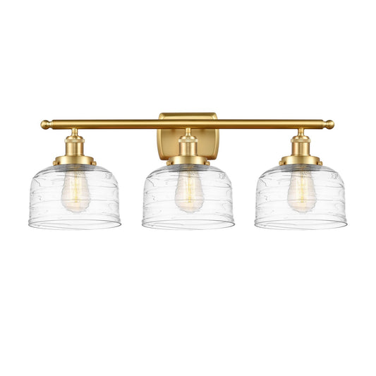 Innovations Bell 28in 3-Light Bath Vanity Light | Industrial Satin Gold Steel and Clear Deco Swirl Glass | Bathroom Vanity | Model 916-3W-SG-G713