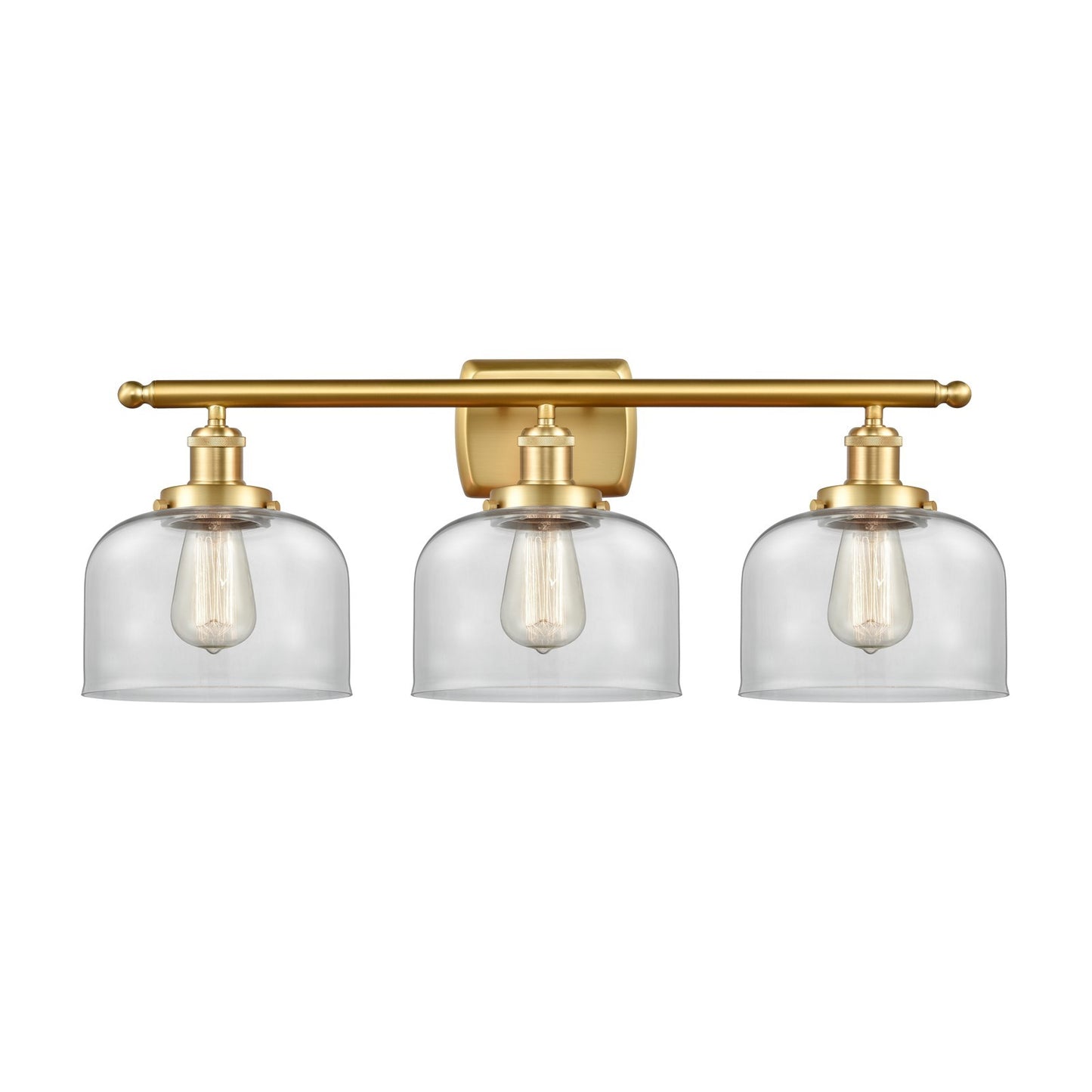 Innovations Bell 28in 3-Light Bath Vanity Light | Industrial Satin Gold Steel and Clear Glass | Bathroom Vanity | 28 x 11 in | Model 916-3W-SG-G72