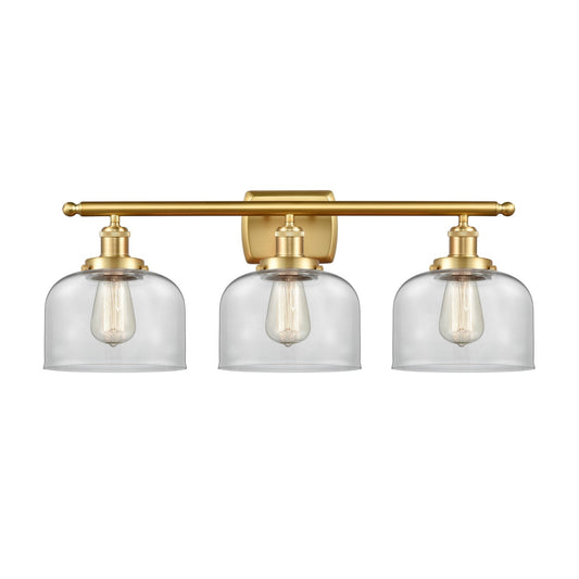 Innovations Bell 28in 3-Light Bath Vanity Light | Industrial Satin Gold Steel and Clear Glass | Bathroom Vanity | 28 x 11 in | Model 916-3W-SG-G72