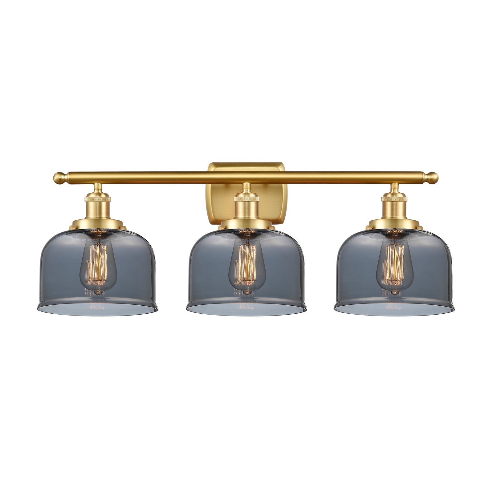 Innovations Bell 28in 3-Light Bath Vanity Light | Industrial Satin Gold Steel and Light Smoke Glass | Bathroom Vanity | 28 x 11 in | Model 916-3W-SG-G73
