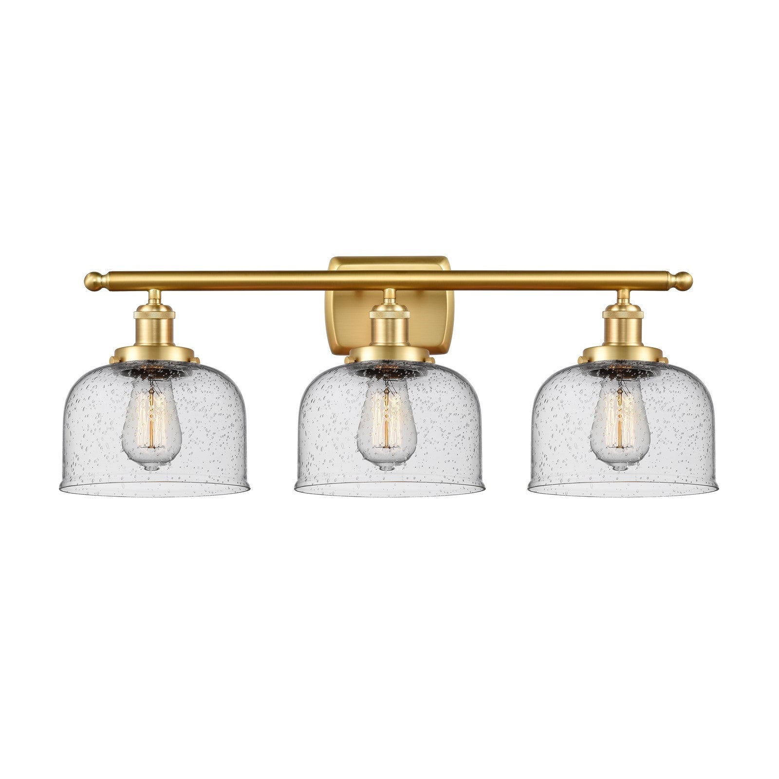 Innovations Bell 28in 3-Light Bath Vanity Light | Industrial Satin Gold Steel and Seedy Glass | Bathroom Vanity | 28 x 11 in | Model 916-3W-SG-G74