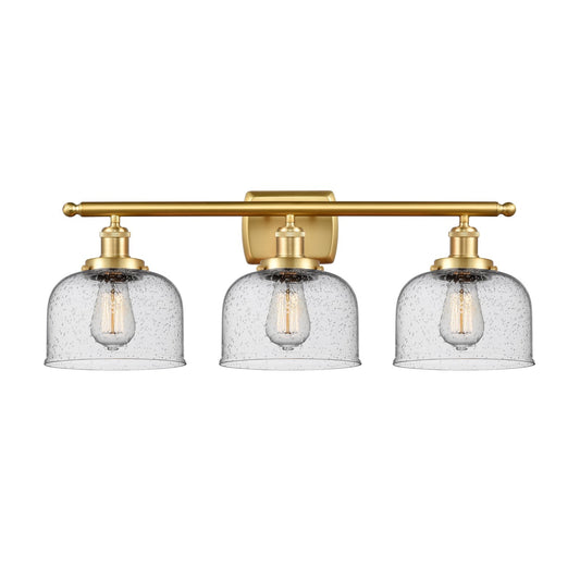 Innovations Bell 28in 3-Light Bath Vanity Light | Industrial Satin Gold Steel and Seedy Glass | Bathroom Vanity | 28 x 11 in | Model 916-3W-SG-G74