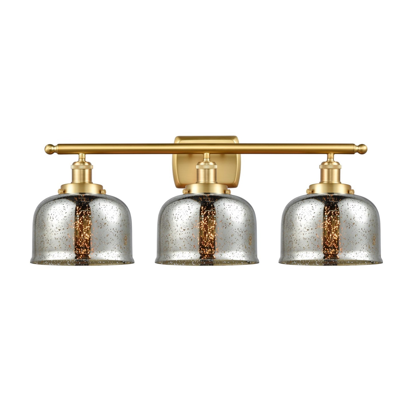 Innovations Bell 28in 3-Light Bath Vanity Light | Industrial Satin Gold Steel and Silver Plated Mercury Glass | Bathroom Vanity | Model 916-3W-SG-G78