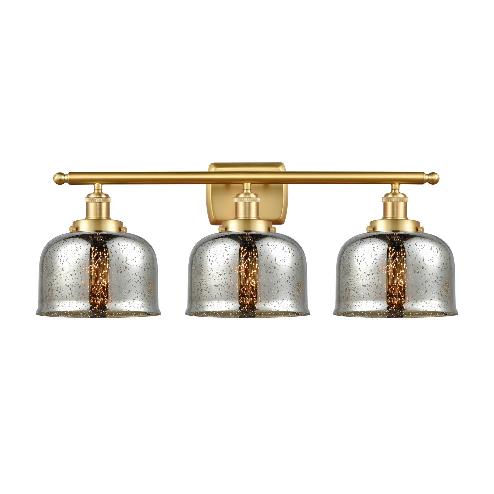 Innovations Bell 28in 3-Light Bath Vanity Light | Industrial Satin Gold Steel and Silver Plated Mercury Glass | Bathroom Vanity | Model 916-3W-SG-G78