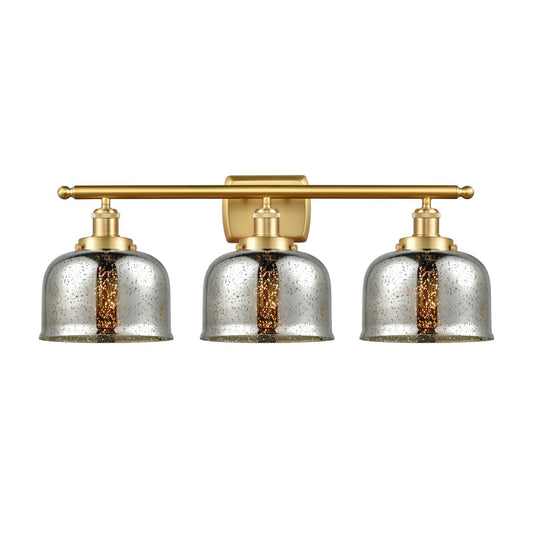 Innovations Bell 28in 3-Light Bath Vanity Light | Industrial Satin Gold Steel and Silver Plated Mercury Glass | Bathroom Vanity | Model 916-3W-SG-G78