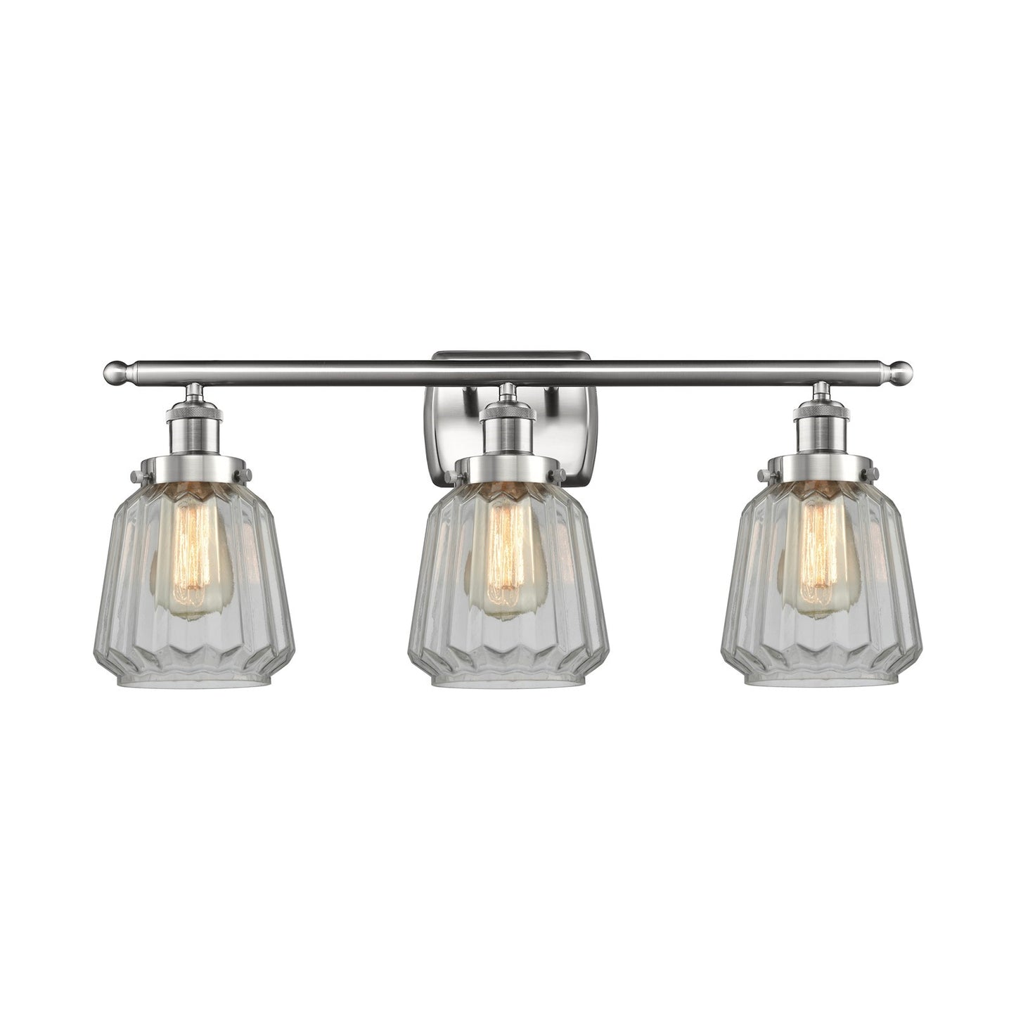 Innovations Chatham 27in 3-Light Bath Vanity Light | Modern Transitional Brushed Satin Nickel Steel and Clear Ribbed Glass Shade | Model 916-3W-SN-G142