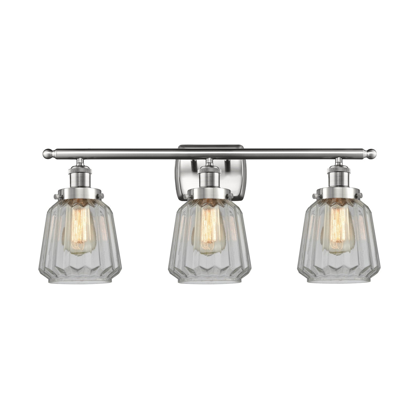 Innovations Chatham 27in 3-Light Bath Vanity Light | Modern Transitional Brushed Satin Nickel Steel and Clear Ribbed Glass Shade | Model 916-3W-SN-G142