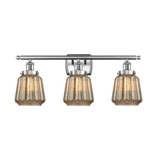 Innovations Chatham 27in 3-Light Bath Vanity Light | Modern Transitional Brushed Satin Nickel Steel and Mercury Ribbed Glass Shade | Model 916-3W-SN-G146