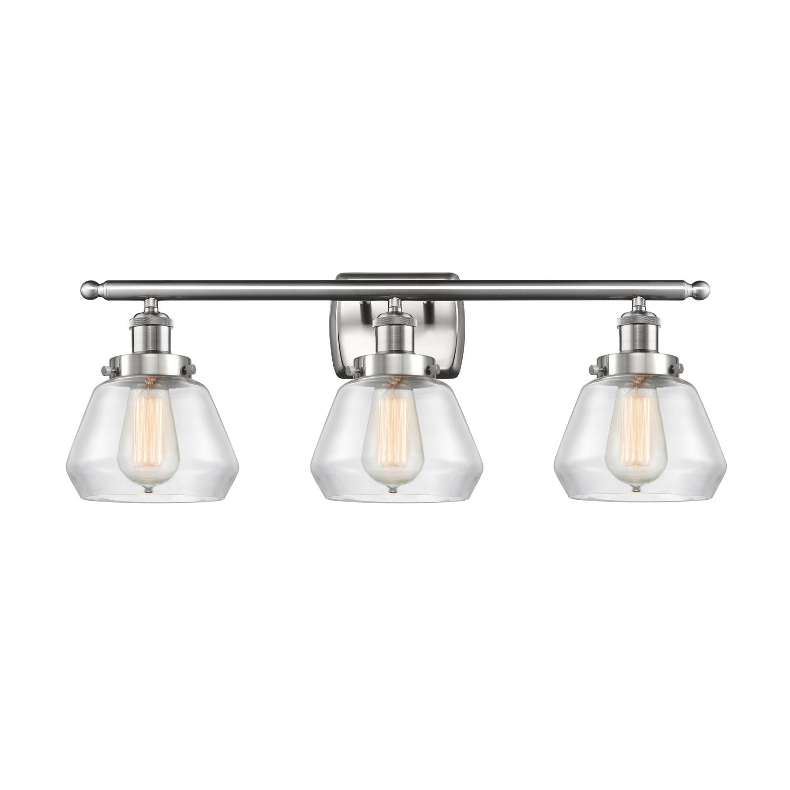 Innovations Fulton 27in 3-Light Bath Vanity | Modern Transitional Brushed Satin Nickel and Clear Glass Schoolhouse Shade | Bathroom | Model 916-3W-SN-G172