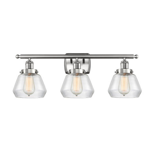 Innovations Fulton 27in 3-Light Bath Vanity | Modern Transitional Brushed Satin Nickel and Clear Glass Schoolhouse Shade | Bathroom | Model 916-3W-SN-G172