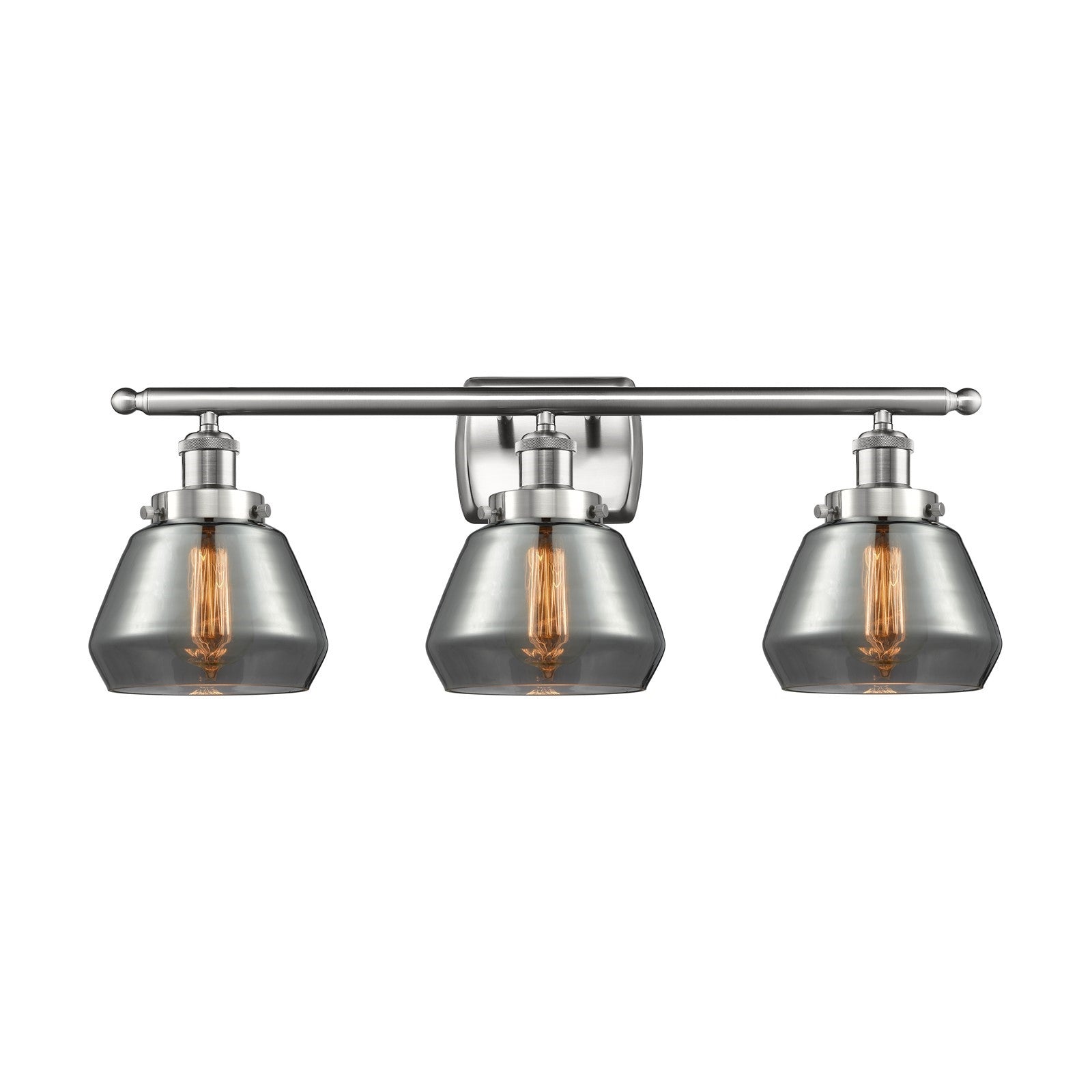 Innovations Fulton 27in 3-Light Bath Vanity | Modern Transitional Brushed Satin Nickel and Smoked Glass Schoolhouse Shade | Model 916-3W-SN-G173