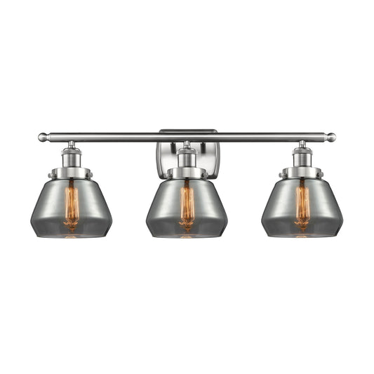 Innovations Fulton 27in 3-Light Bath Vanity | Modern Transitional Brushed Satin Nickel and Smoked Glass Schoolhouse Shade | Model 916-3W-SN-G173