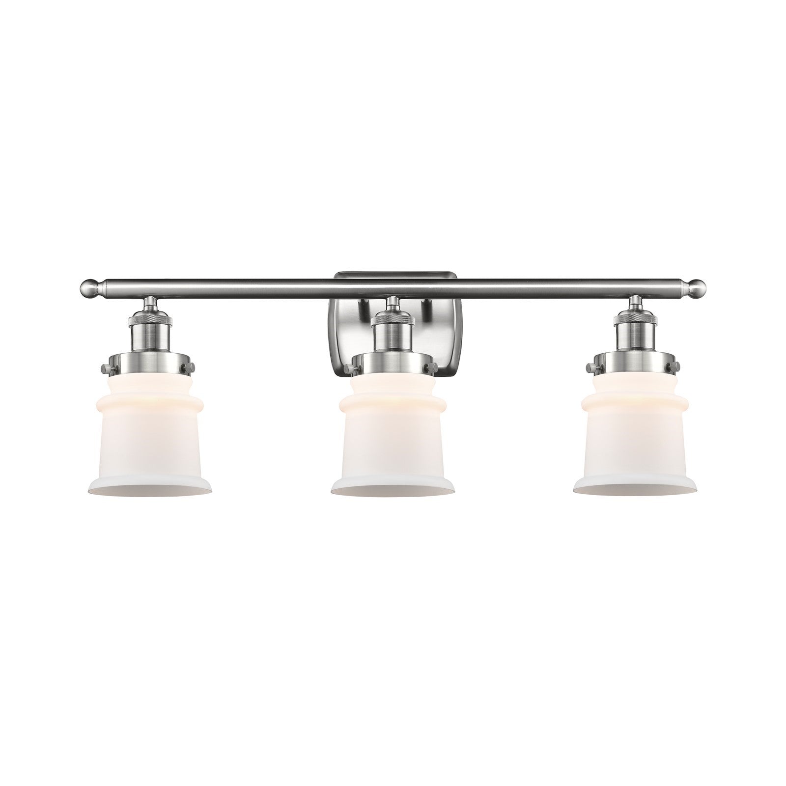 Innovations Canton 25.25in 3-Light Bath Vanity | Modern Transitional Brushed Satin Nickel and Matte White Frosted Glass Small Bell | Model 916-3W-SN-G181S