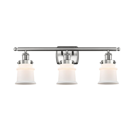 Innovations Canton 25.25in 3-Light Bath Vanity | Modern Transitional Brushed Satin Nickel and Matte White Frosted Glass Small Bell | Model 916-3W-SN-G181S