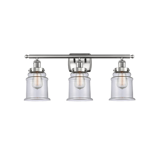 Innovations Canton 26in 3-Light Bath Vanity | Modern Contempo Brushed Satin Nickel and Clear Glass Schoolhouse Shade | Bathroom | Model 916-3W-SN-G182