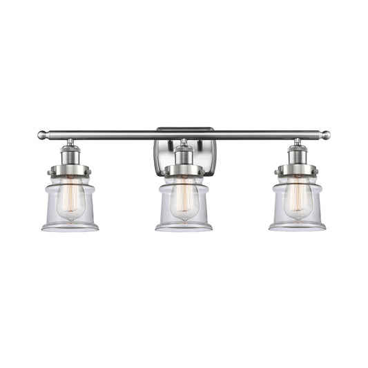 Innovations Canton 25.25in 3-Light Bath Vanity | Modern Contempo Brushed Satin Nickel and Clear Glass Schoolhouse Shade | Bathroom | Model 916-3W-SN-G182S