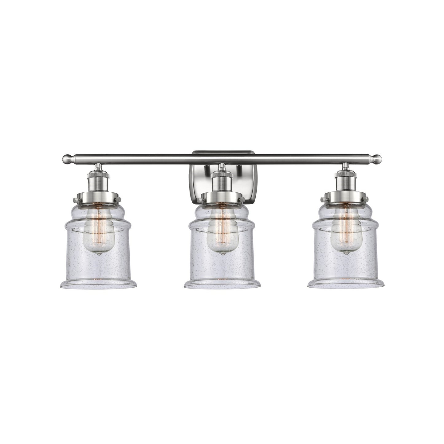Innovations Canton 26in 3-Light Bath Vanity | Modern Contempo Brushed Satin Nickel and Seedy Glass Schoolhouse Shade | Bathroom | Model 916-3W-SN-G184