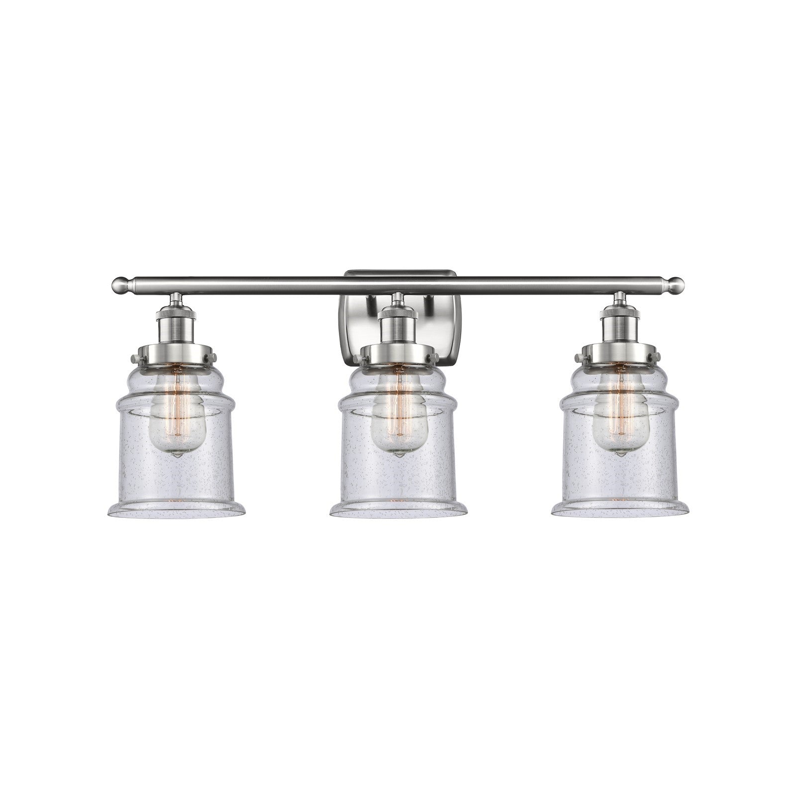Innovations Canton 26in 3-Light Bath Vanity | Modern Contempo Brushed Satin Nickel and Seedy Glass Schoolhouse Shade | Bathroom | Model 916-3W-SN-G184